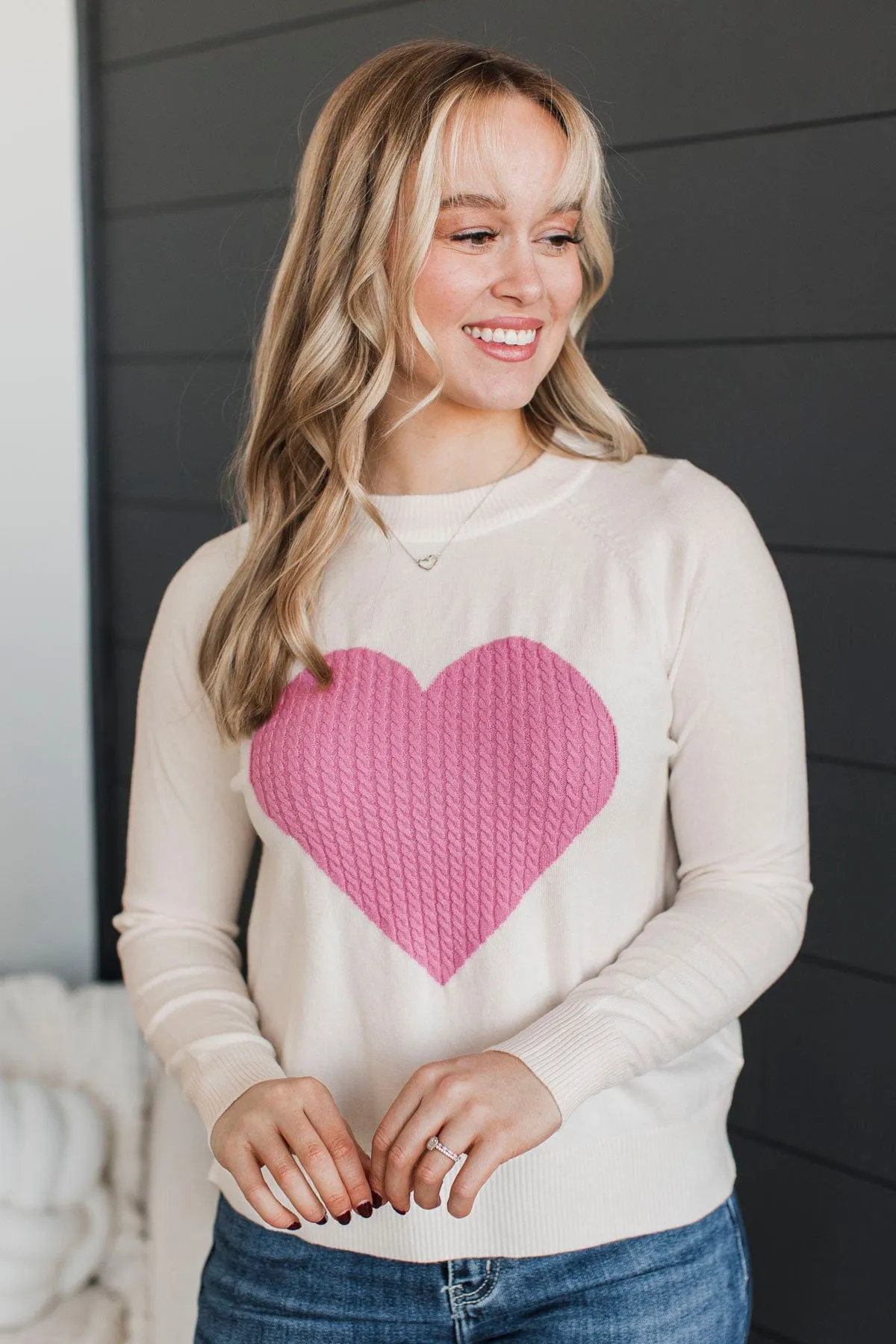 Welcoming Love Heart Knit Sweater- Ivory & Pink