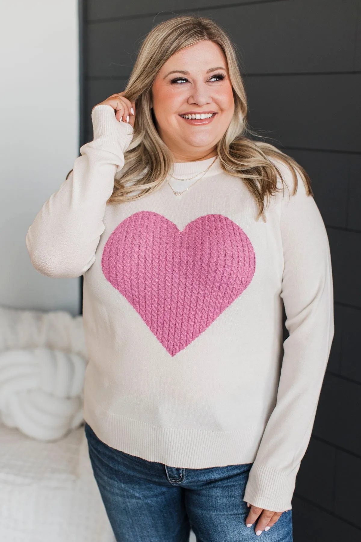 Welcoming Love Heart Knit Sweater- Ivory & Pink