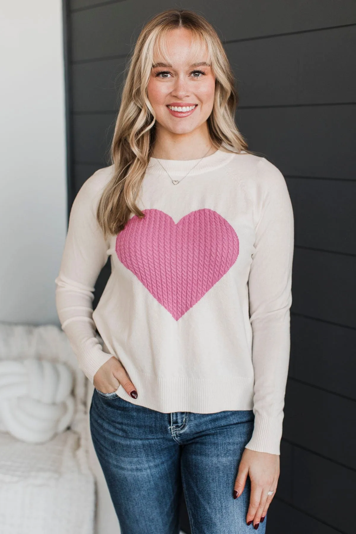 Welcoming Love Heart Knit Sweater- Ivory & Pink