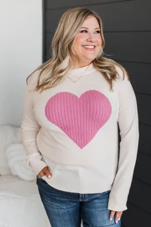 Welcoming Love Heart Knit Sweater- Ivory & Pink