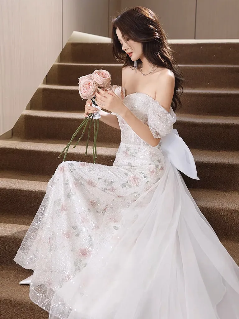 White A-Line Off Shoulder Tulle Long Prom Dress, White Formal Dress