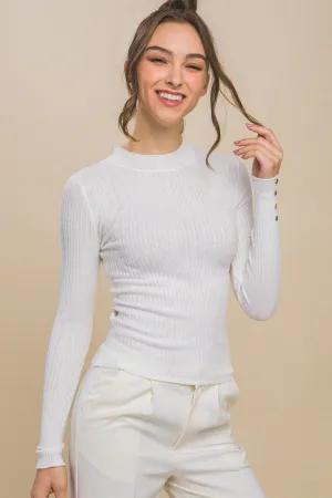 White Fitted Ribbed Button Sleeve Knit Love Tree Sweater 10/23/24 9161