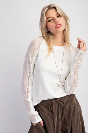 White Lace Mix Rib Knit Fitted L/S