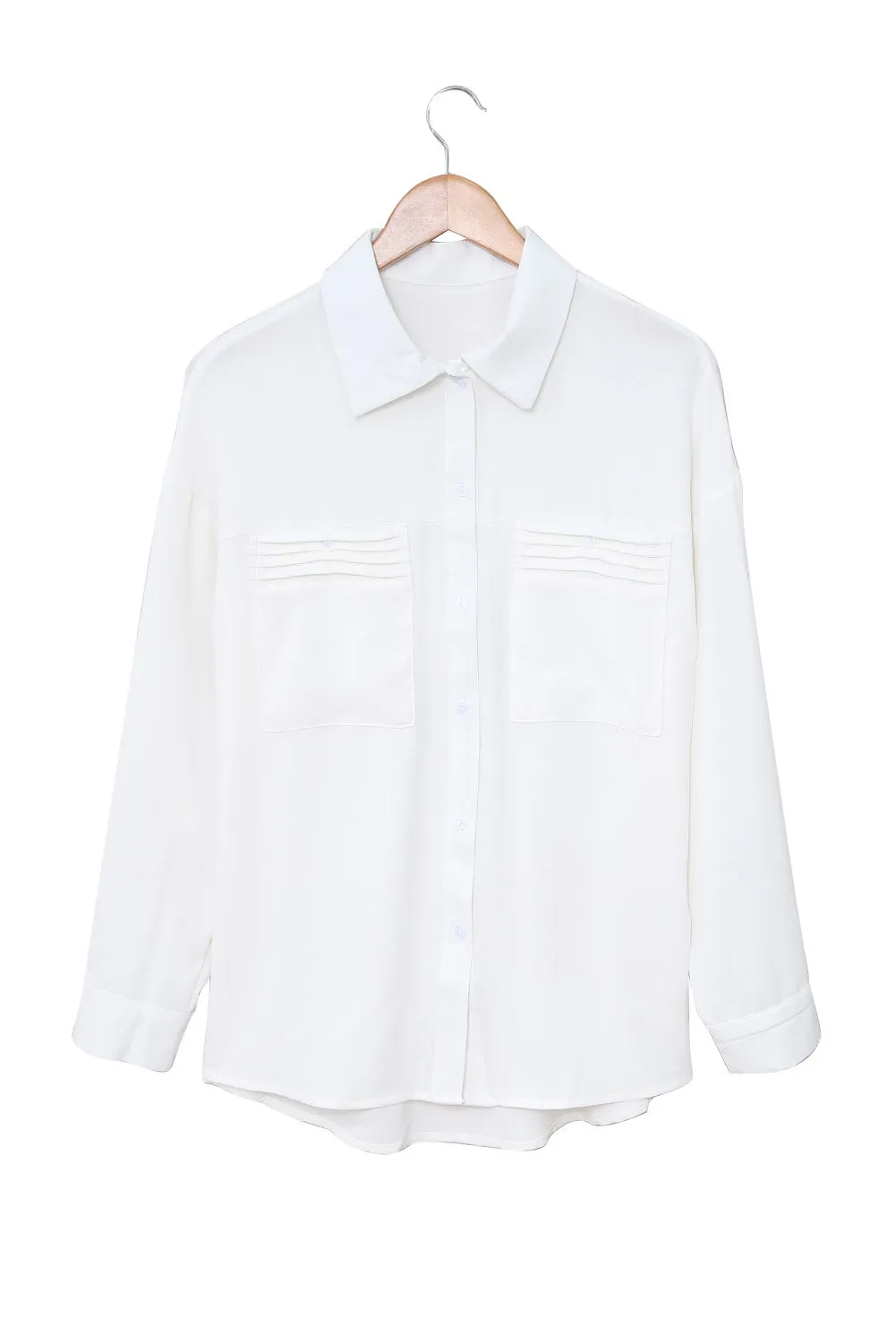 White Solid Pocket Long Sleeve Button-up Shirt