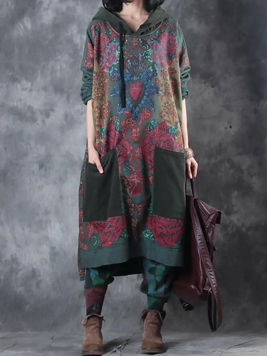 Women Spring Vintage Flower Spliced Hooded Dress