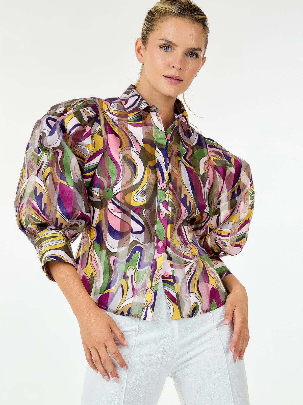 WOMEN'S 3/4 PUFF SLEEVE BUTTON CLOSURE MULTI PRINT BLOUSE