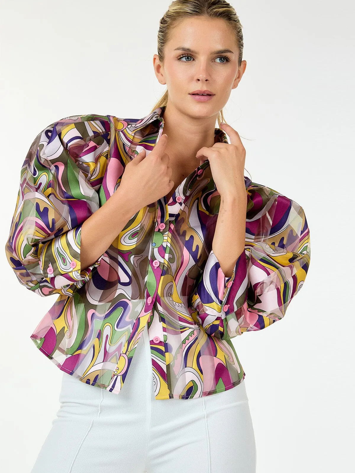 WOMEN'S 3/4 PUFF SLEEVE BUTTON CLOSURE MULTI PRINT BLOUSE