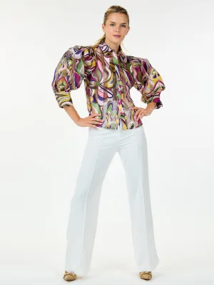 WOMEN'S 3/4 PUFF SLEEVE BUTTON CLOSURE MULTI PRINT BLOUSE