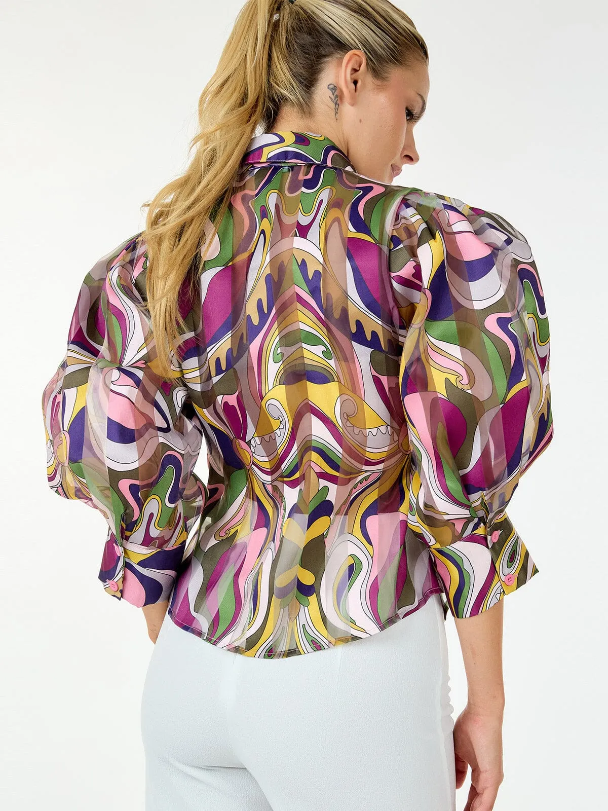 WOMEN'S 3/4 PUFF SLEEVE BUTTON CLOSURE MULTI PRINT BLOUSE