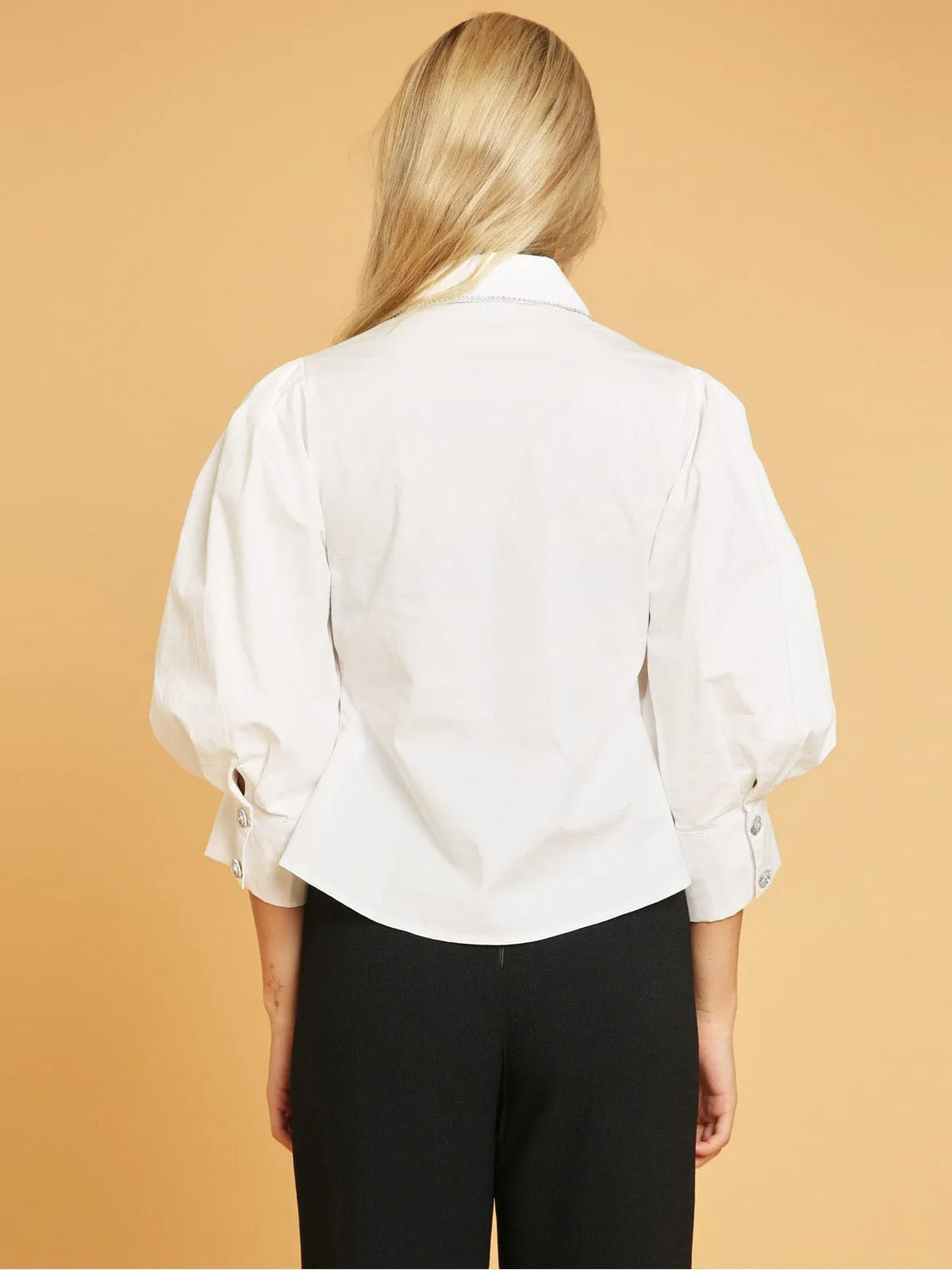 WOMEN'S 3/4 PUFF SLEEVE BUTTON UP STUDS DETAILED BLOUSE