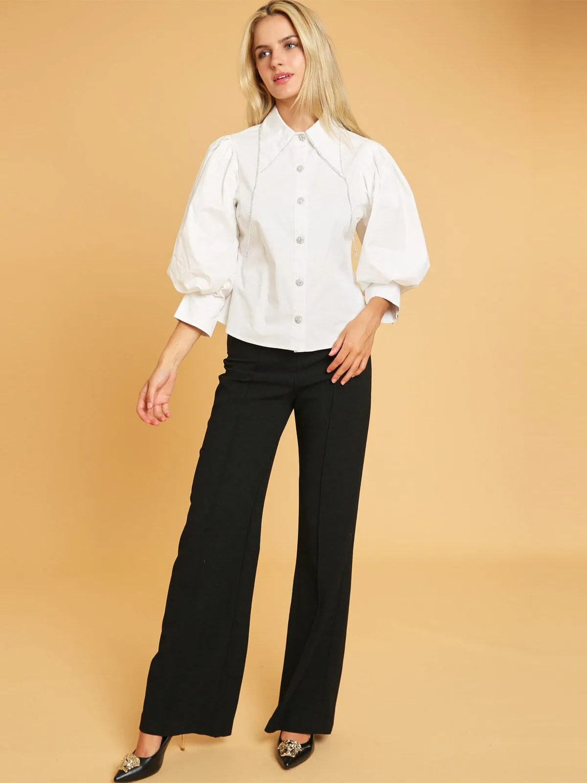 WOMEN'S 3/4 PUFF SLEEVE BUTTON UP STUDS DETAILED BLOUSE