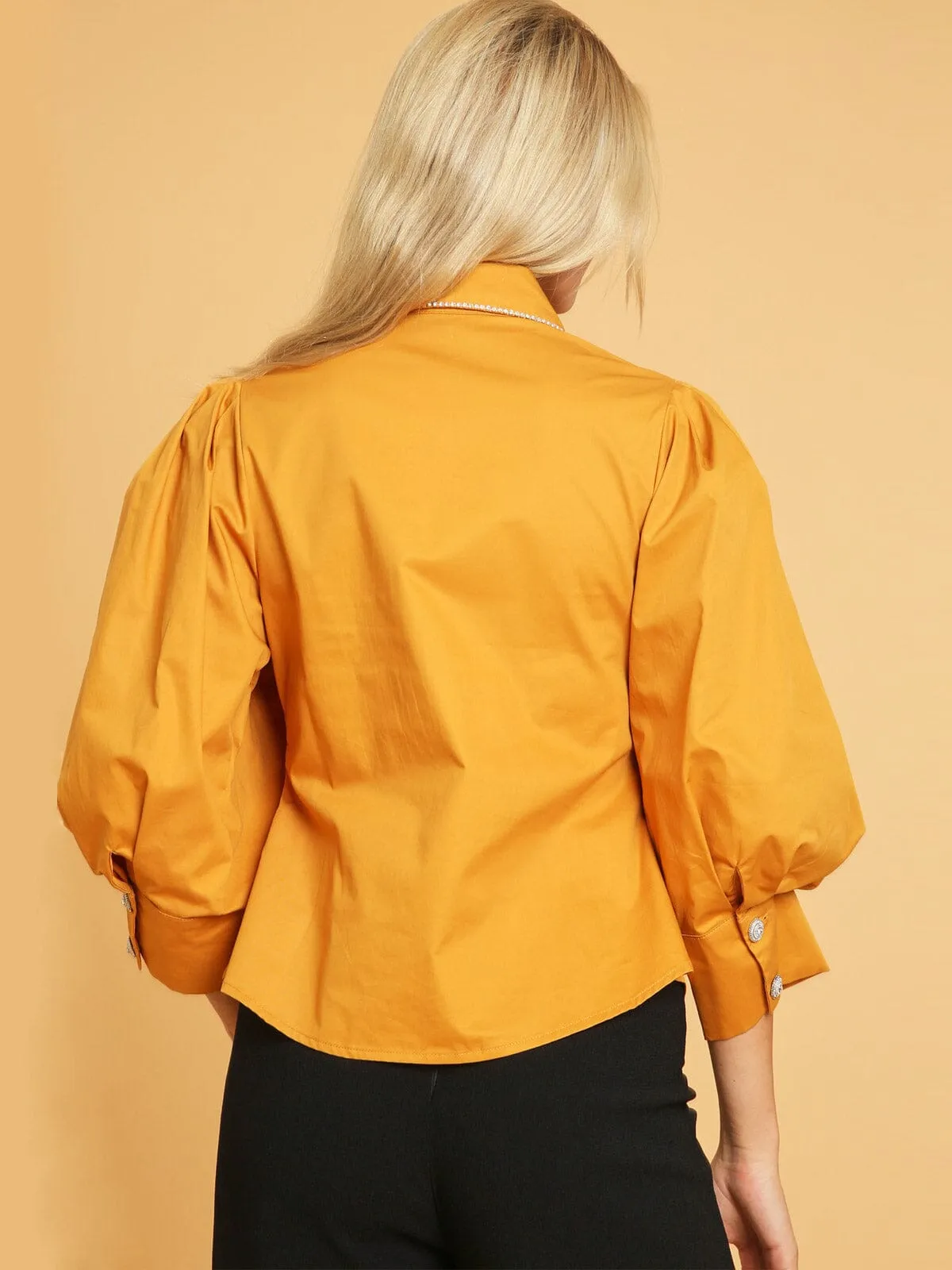 WOMEN'S 3/4 PUFF SLEEVE BUTTON UP STUDS DETAILED BLOUSE