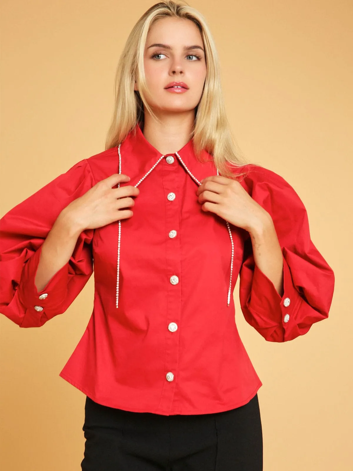 WOMEN'S 3/4 PUFF SLEEVE BUTTON UP STUDS DETAILED BLOUSE