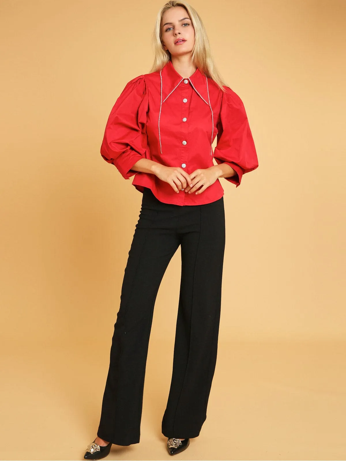 WOMEN'S 3/4 PUFF SLEEVE BUTTON UP STUDS DETAILED BLOUSE