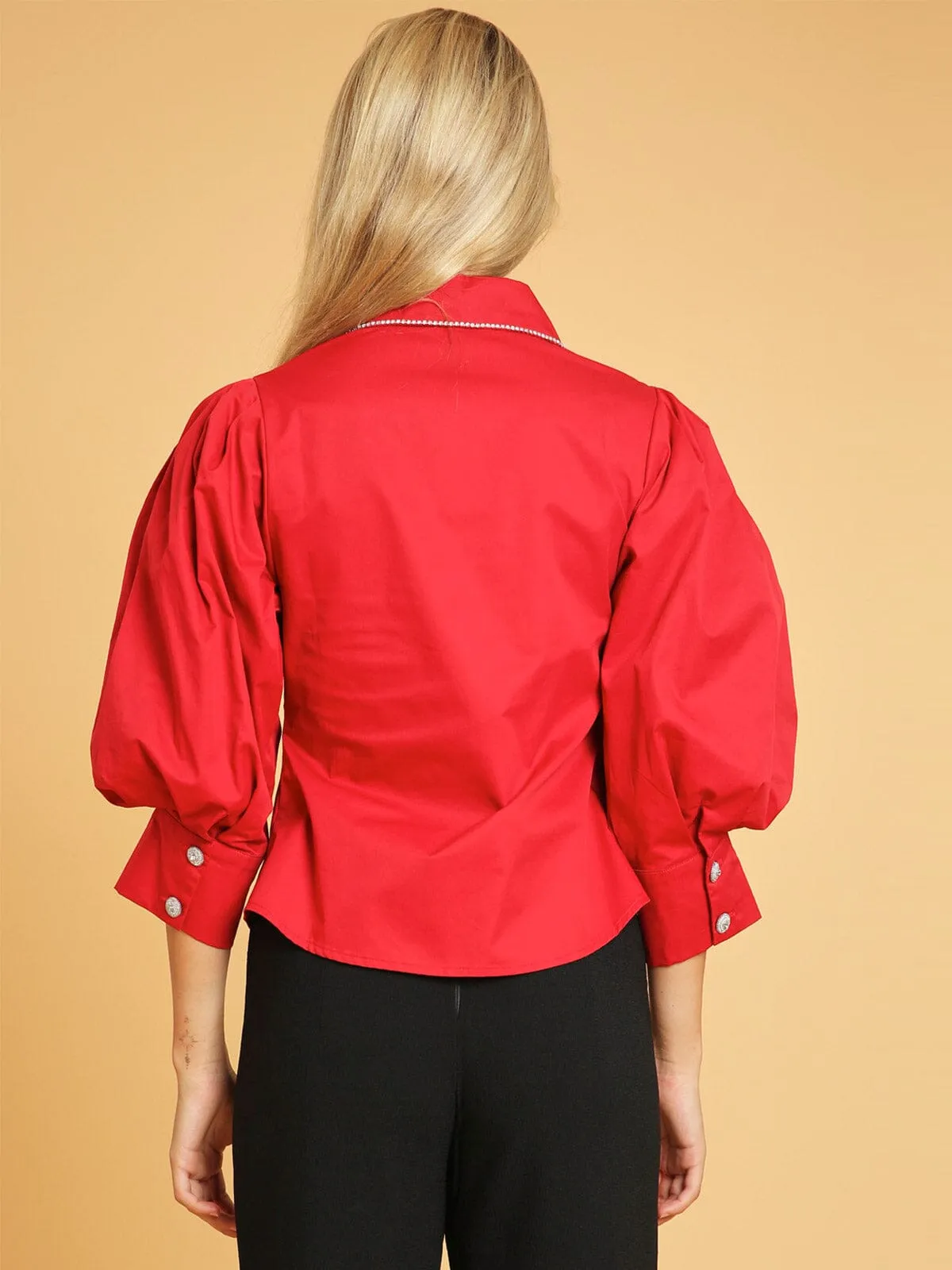 WOMEN'S 3/4 PUFF SLEEVE BUTTON UP STUDS DETAILED BLOUSE