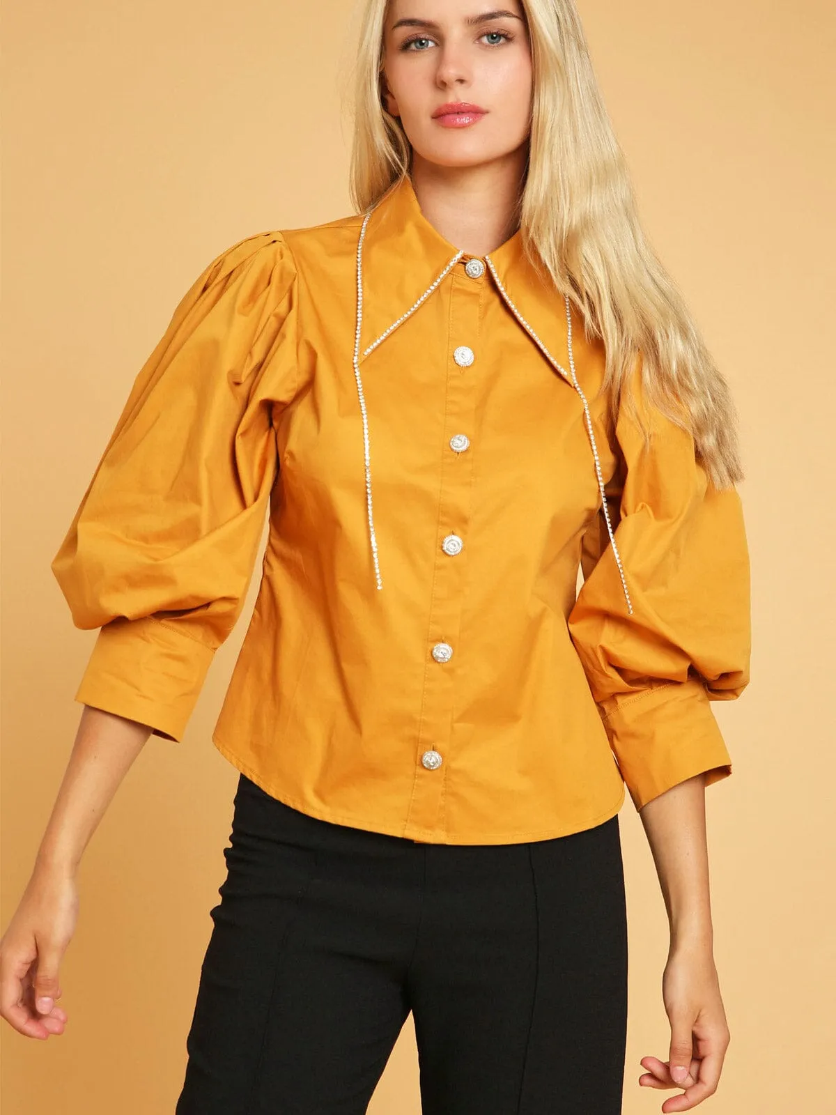 WOMEN'S 3/4 PUFF SLEEVE BUTTON UP STUDS DETAILED BLOUSE