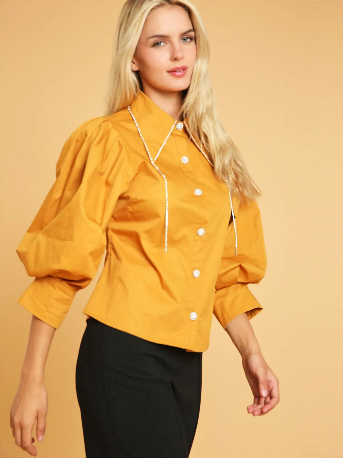 WOMEN'S 3/4 PUFF SLEEVE BUTTON UP STUDS DETAILED BLOUSE