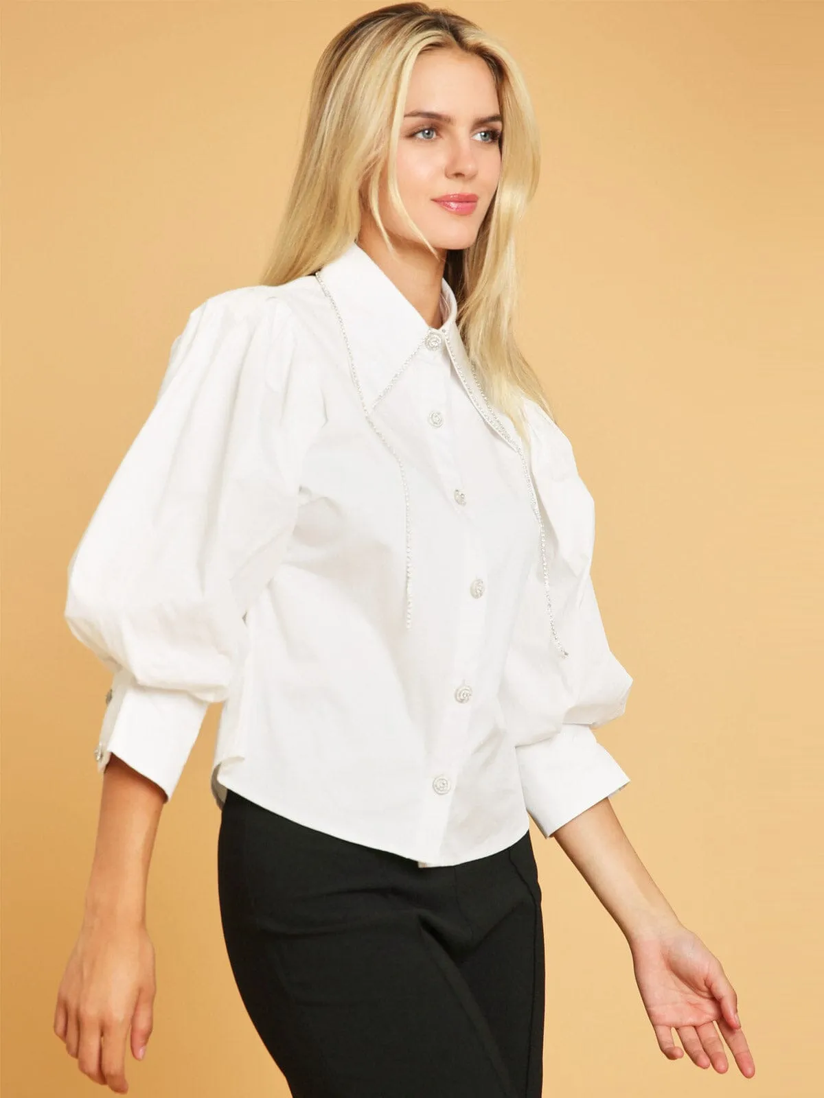 WOMEN'S 3/4 PUFF SLEEVE BUTTON UP STUDS DETAILED BLOUSE