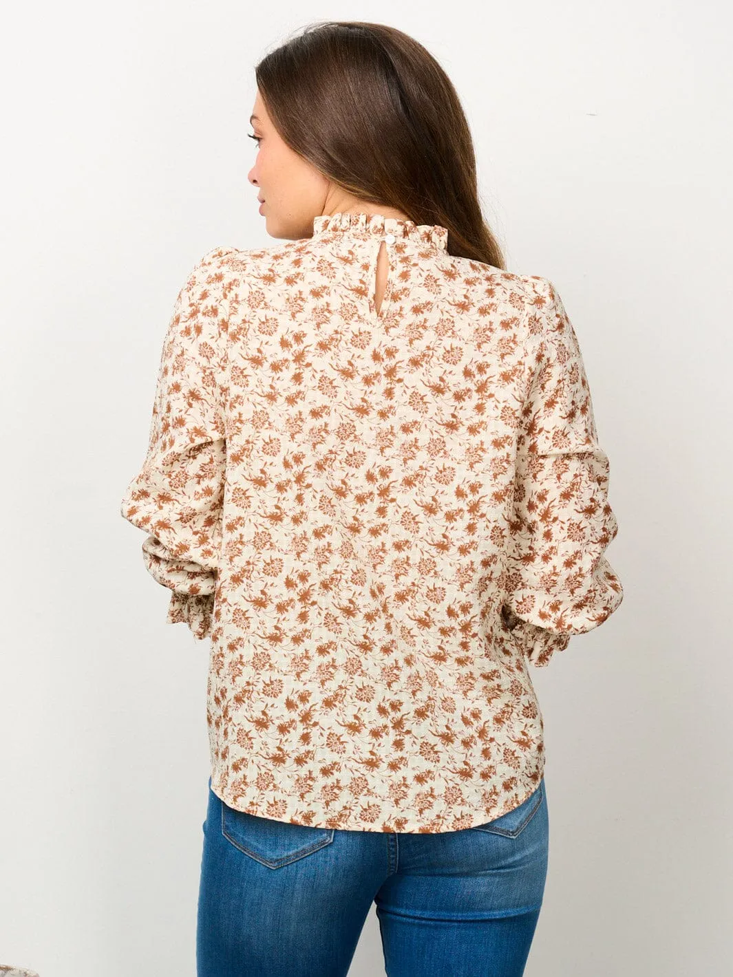 WOMEN'S 3/4 PUFF SLEEVE MOCK NECK SMOCK FLORAL BLOUSE TOP