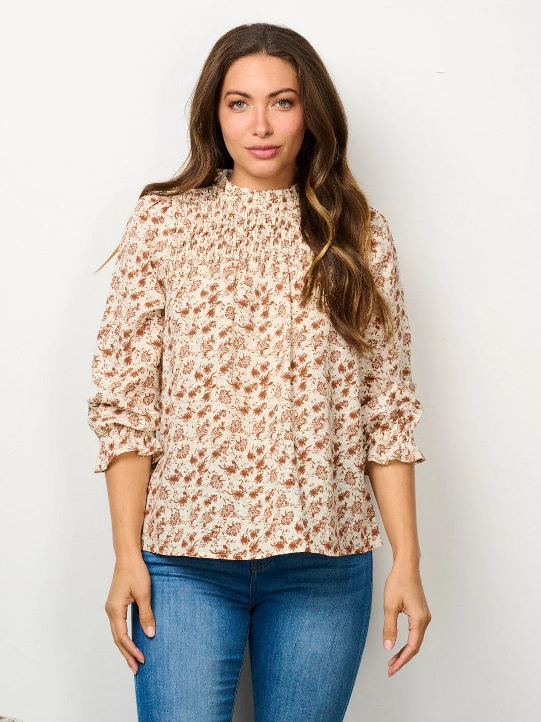 WOMEN'S 3/4 PUFF SLEEVE MOCK NECK SMOCK FLORAL BLOUSE TOP