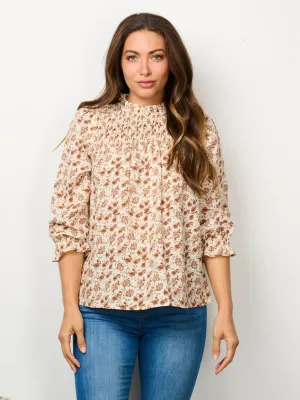 WOMEN'S 3/4 PUFF SLEEVE MOCK NECK SMOCK FLORAL BLOUSE TOP