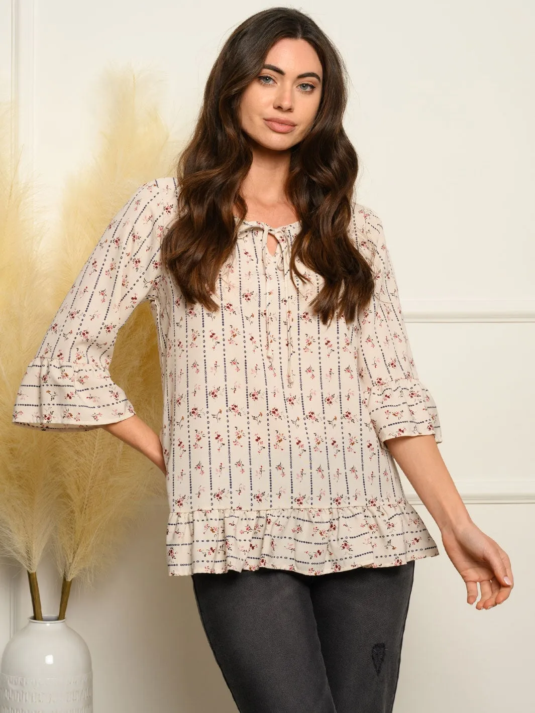 WOMEN'S 3/4 RUFFLE SLEEVES FLORAL TOP