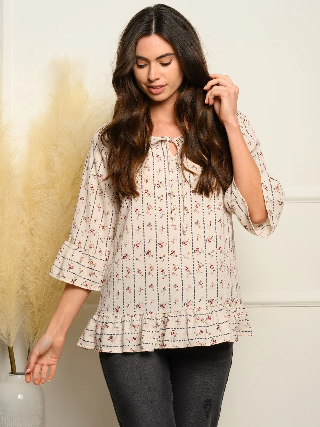 WOMEN'S 3/4 RUFFLE SLEEVES FLORAL TOP