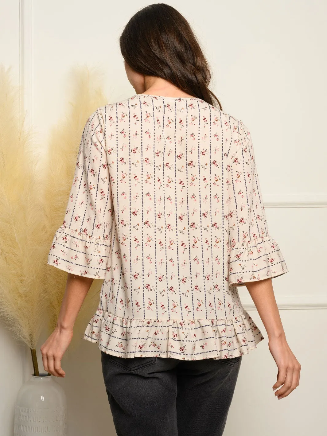 WOMEN'S 3/4 RUFFLE SLEEVES FLORAL TOP