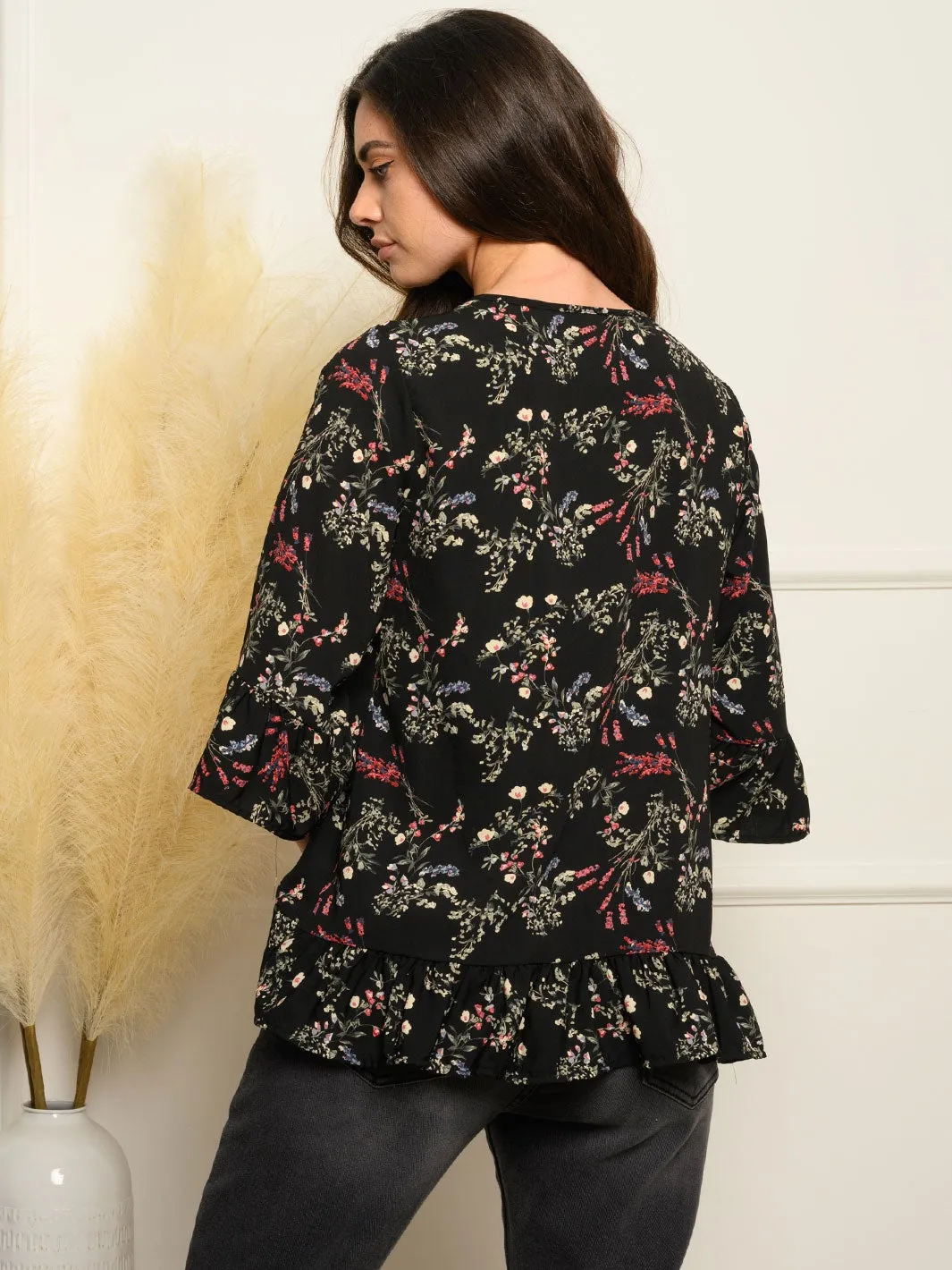 WOMEN'S 3/4 RUFFLE SLEEVES FLORAL TOP