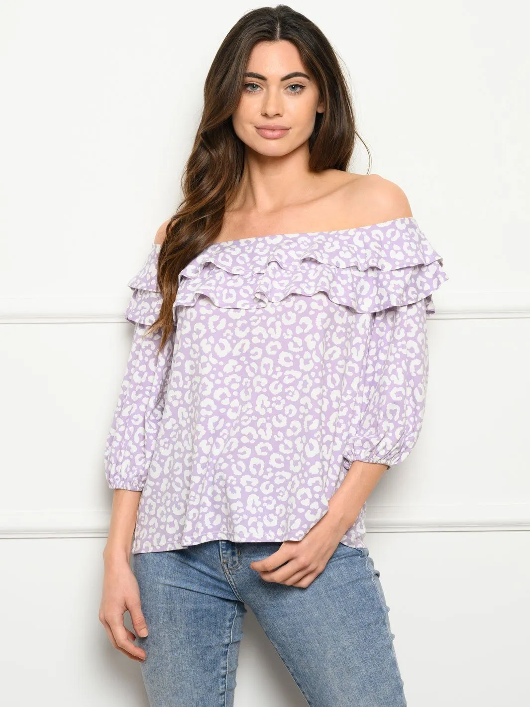 WOMEN'S 3/4 SLEEVE OFF SHOULDER RUFFLE TOP