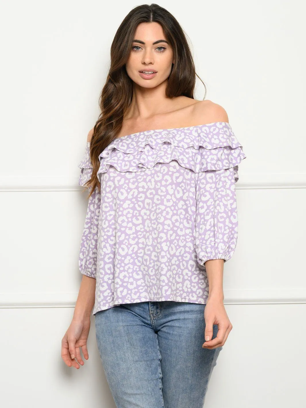 WOMEN'S 3/4 SLEEVE OFF SHOULDER RUFFLE TOP