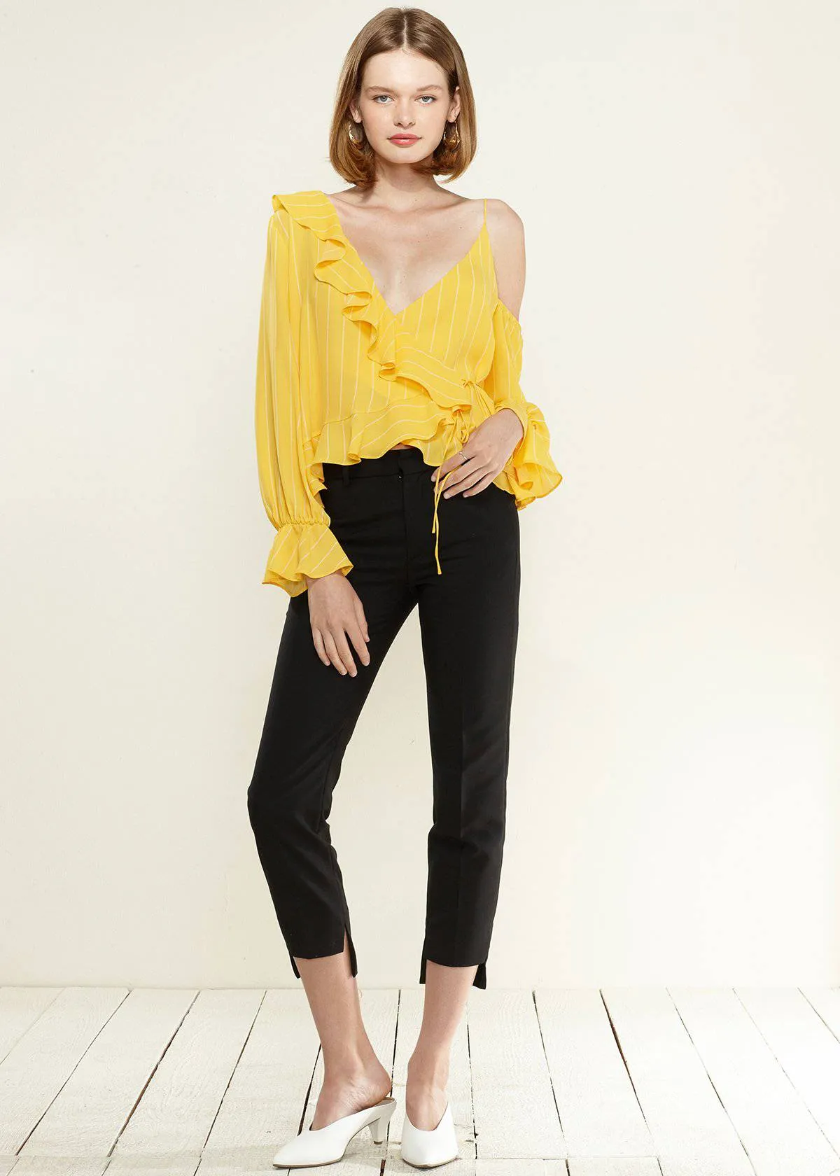 Women's Asymmetrical Shoulder Ruffle Blouse in Yellow
