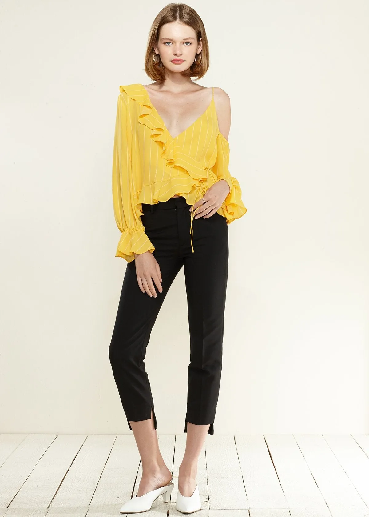 Women's Asymmetrical Shoulder Ruffle Blouse in Yellow