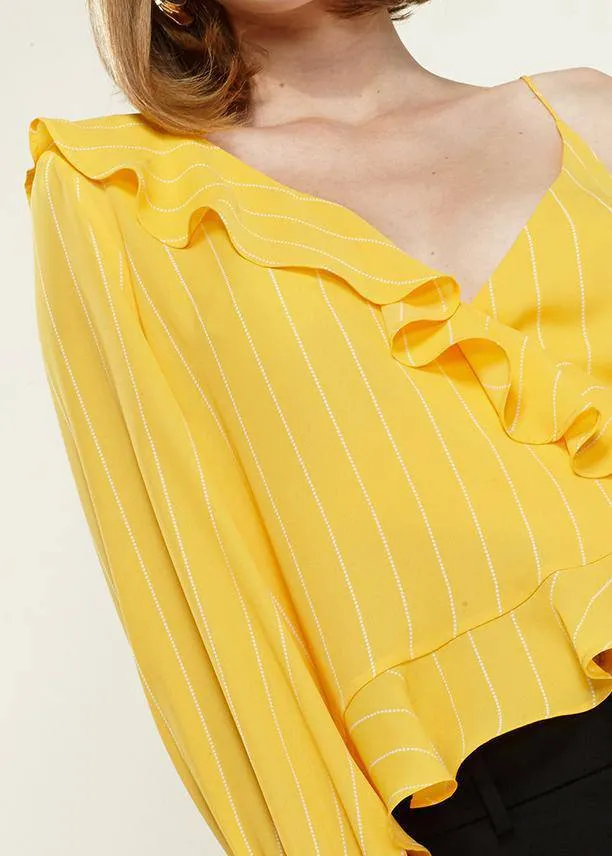Women's Asymmetrical Shoulder Ruffle Blouse in Yellow
