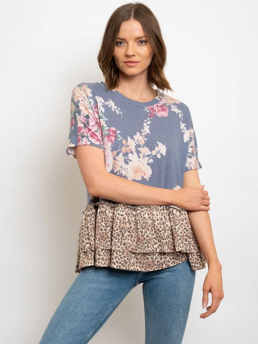 WOMEN'S BLUE FLORAL ANIMAL PRINT TOP