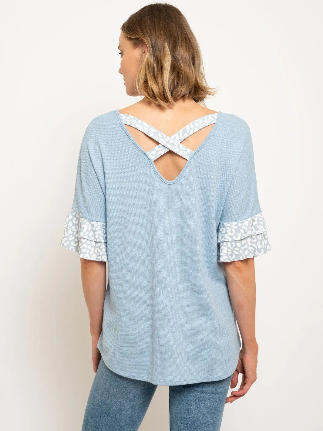 WOMEN'S LEOPARD RUFFLE SLEEVES CROSS BACK TUNIC TOP