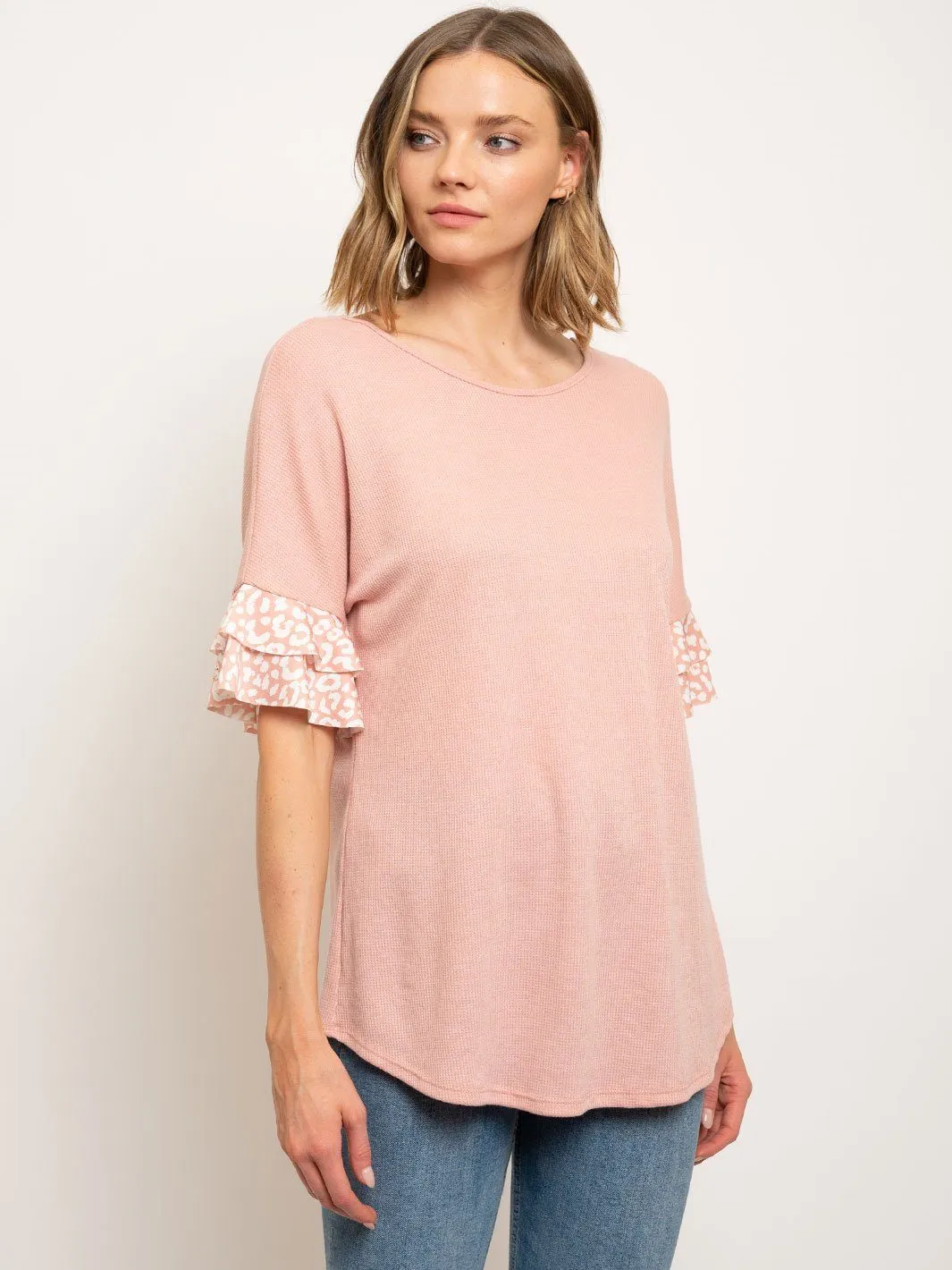 WOMEN'S LEOPARD RUFFLE SLEEVES CROSS BACK TUNIC TOP