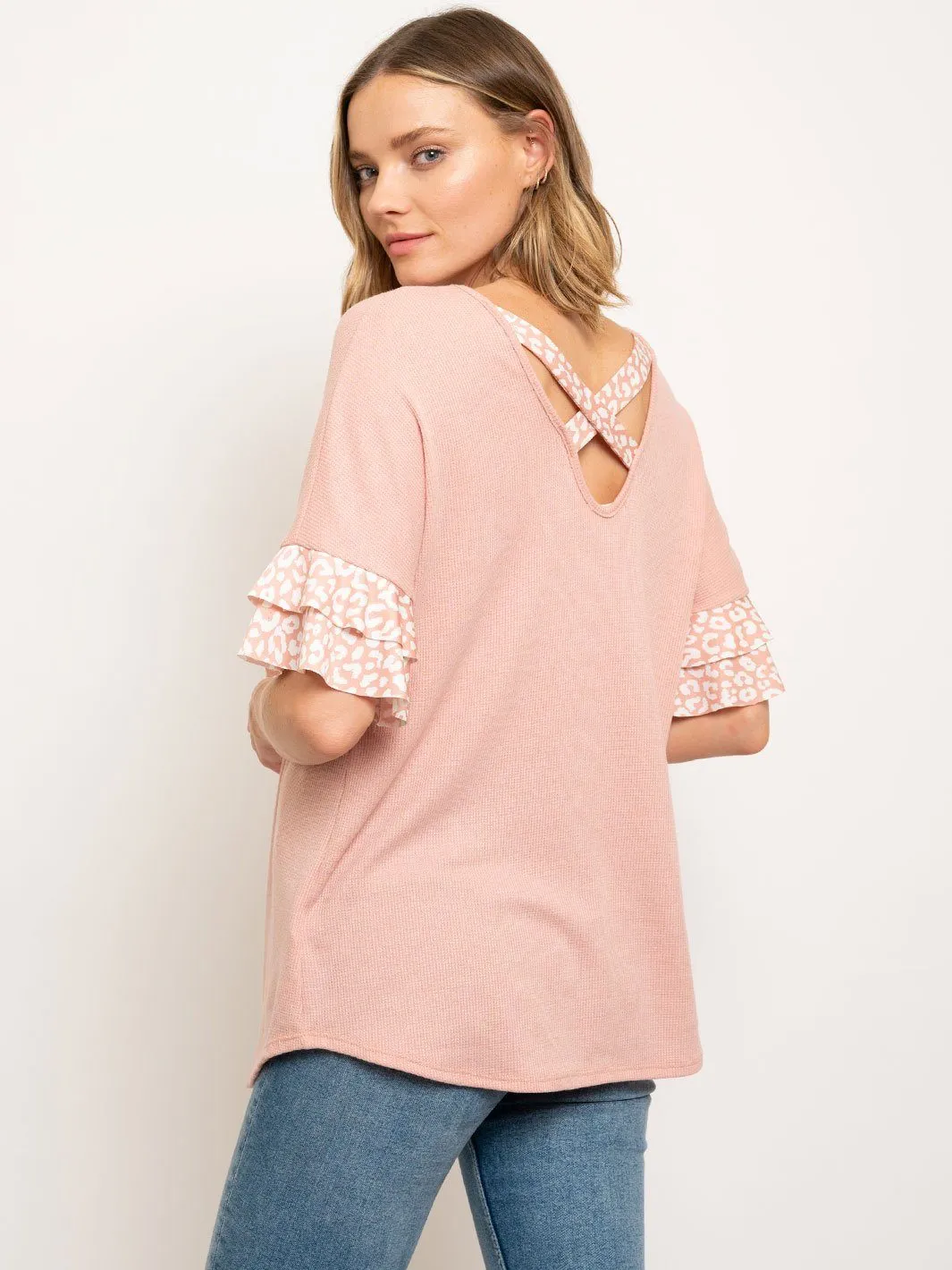 WOMEN'S LEOPARD RUFFLE SLEEVES CROSS BACK TUNIC TOP