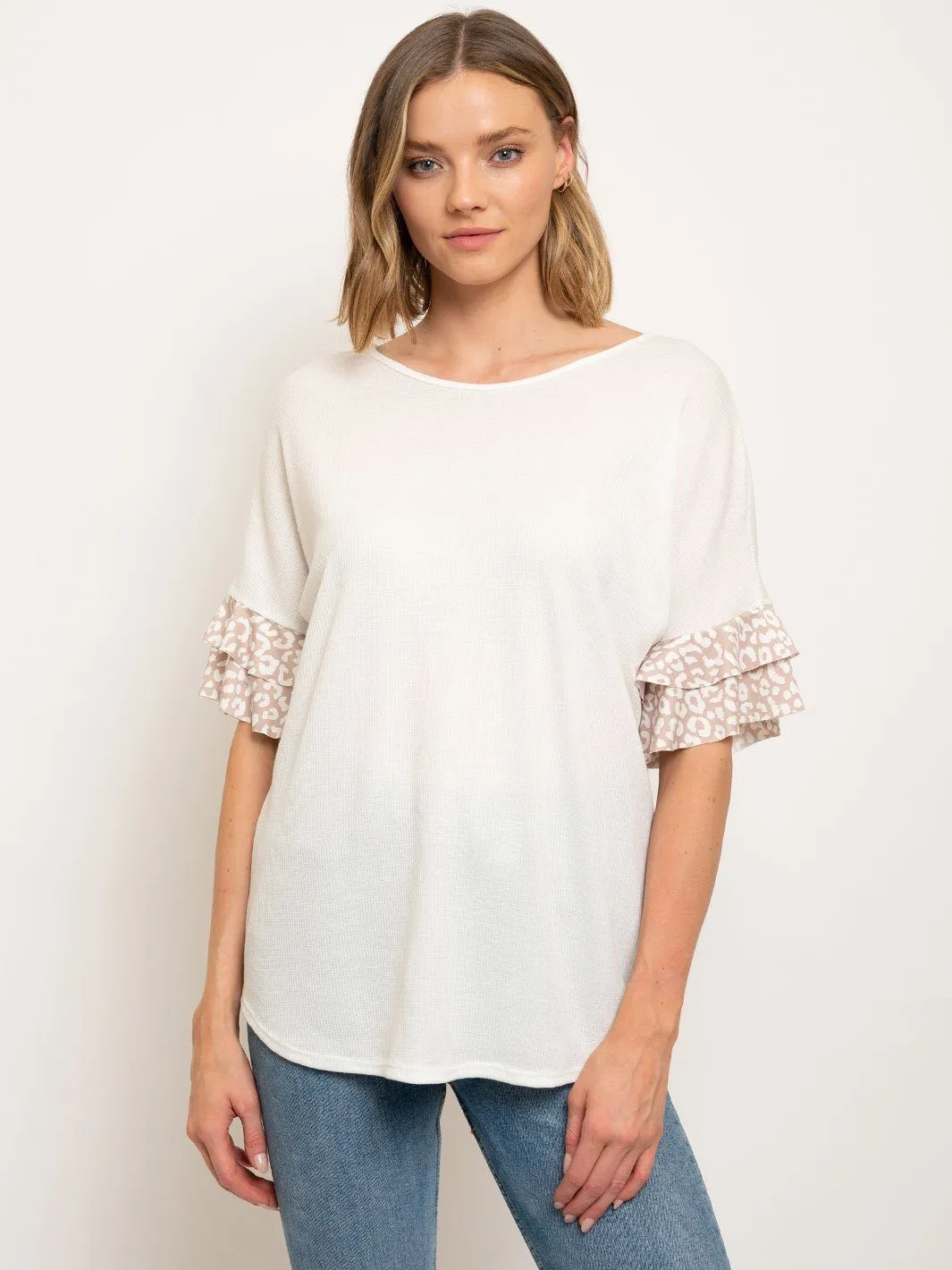 WOMEN'S LEOPARD RUFFLE SLEEVES CROSS BACK TUNIC TOP