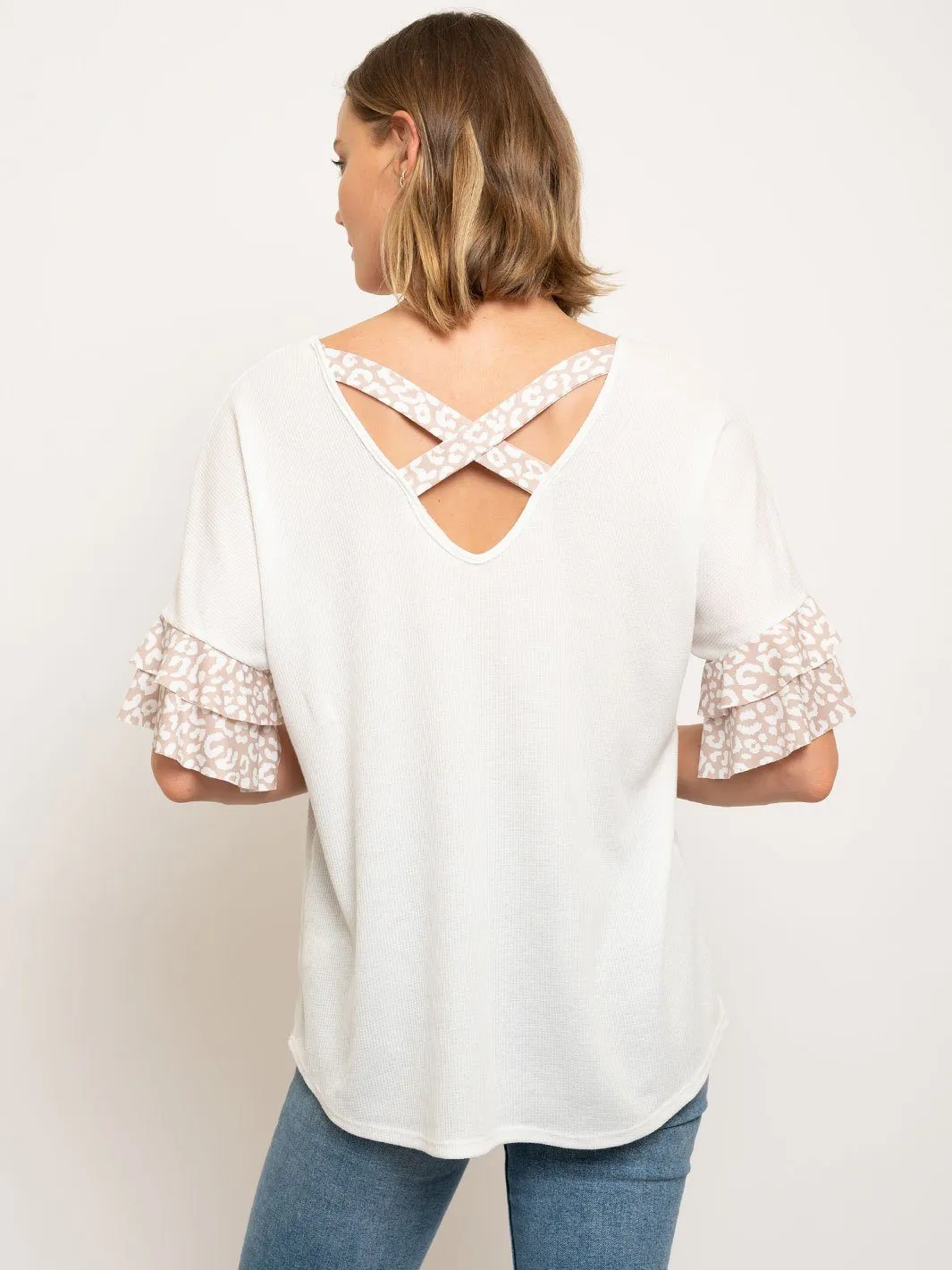 WOMEN'S LEOPARD RUFFLE SLEEVES CROSS BACK TUNIC TOP