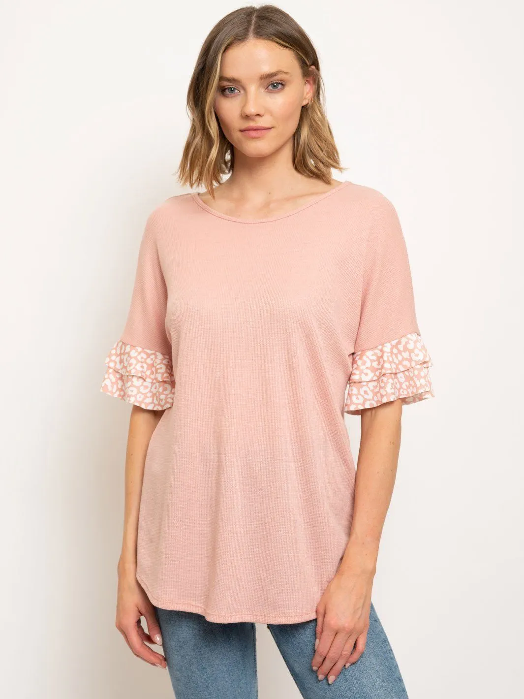 WOMEN'S LEOPARD RUFFLE SLEEVES CROSS BACK TUNIC TOP