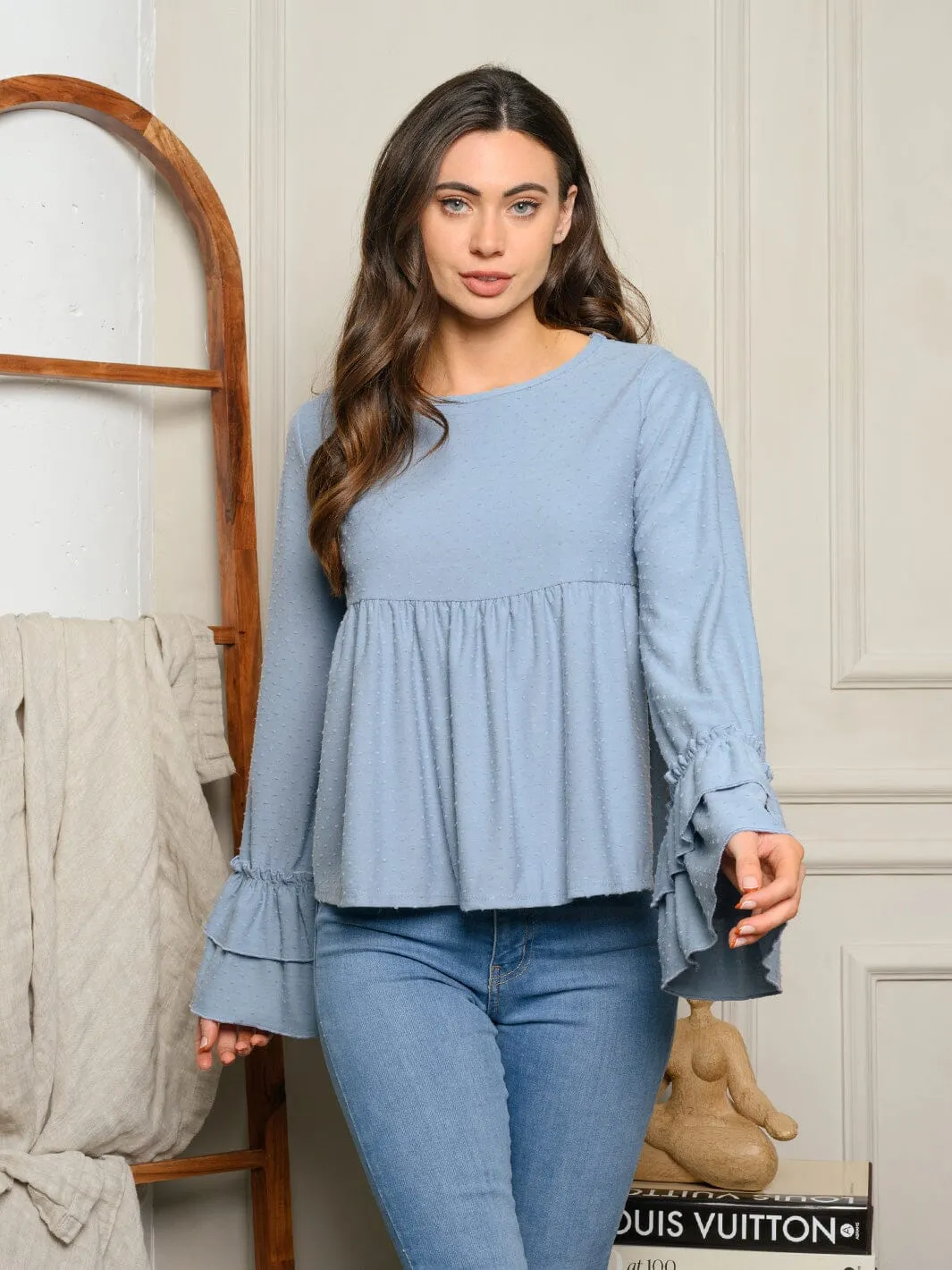 WOMEN'S LONG BELL RUFFLE SLEEVE KNIT TUNIC TOP