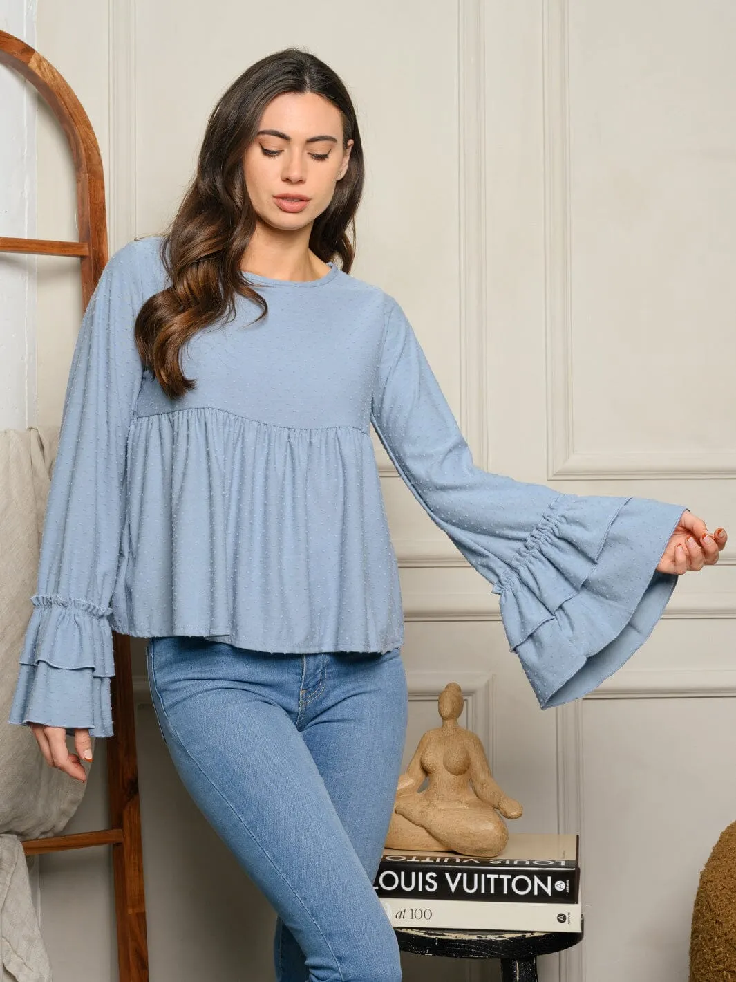 WOMEN'S LONG BELL RUFFLE SLEEVE KNIT TUNIC TOP