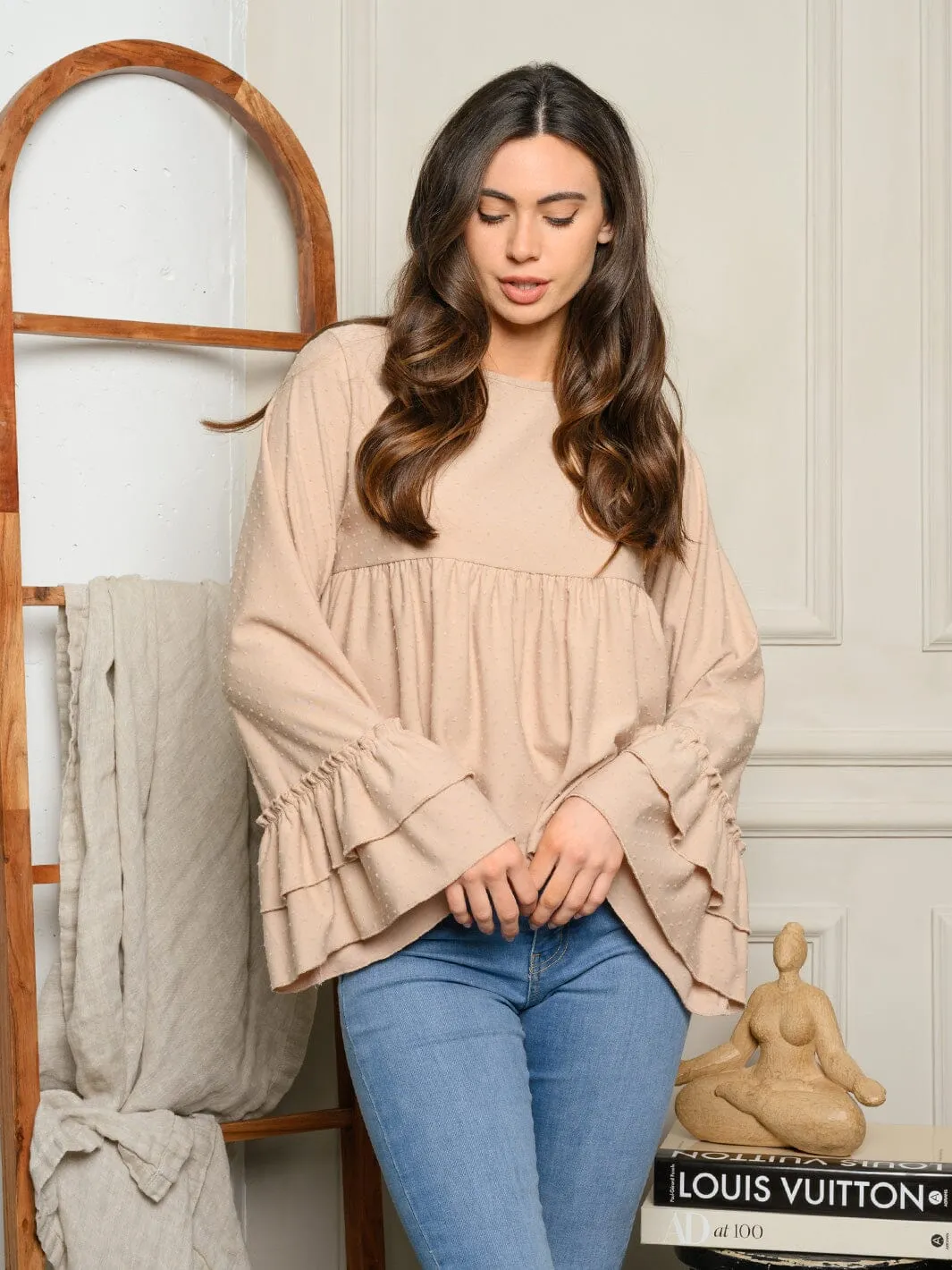 WOMEN'S LONG BELL RUFFLE SLEEVE KNIT TUNIC TOP