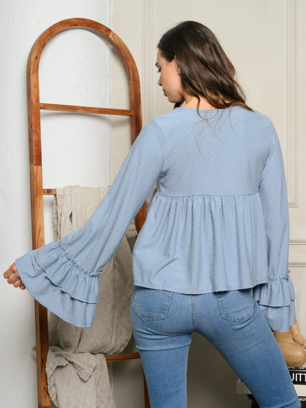 WOMEN'S LONG BELL RUFFLE SLEEVE KNIT TUNIC TOP