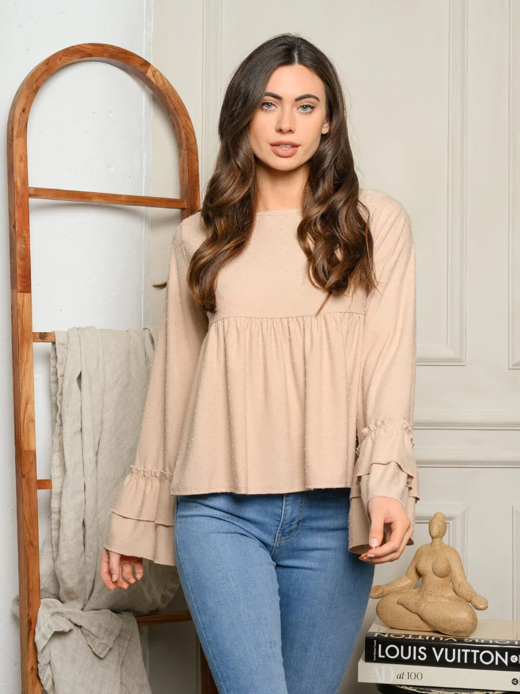 WOMEN'S LONG BELL RUFFLE SLEEVE KNIT TUNIC TOP