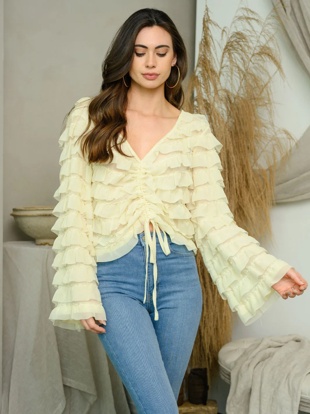 WOMEN'S LONG BELL SLEEVE RUCHED RUFFLE TOP