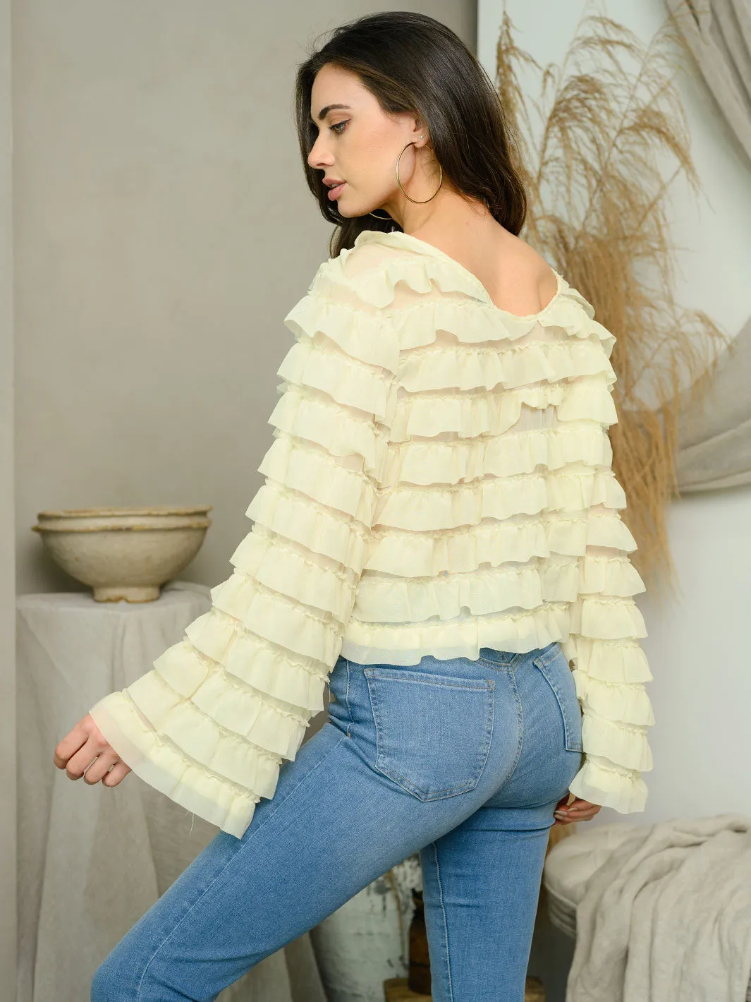 WOMEN'S LONG BELL SLEEVE RUCHED RUFFLE TOP