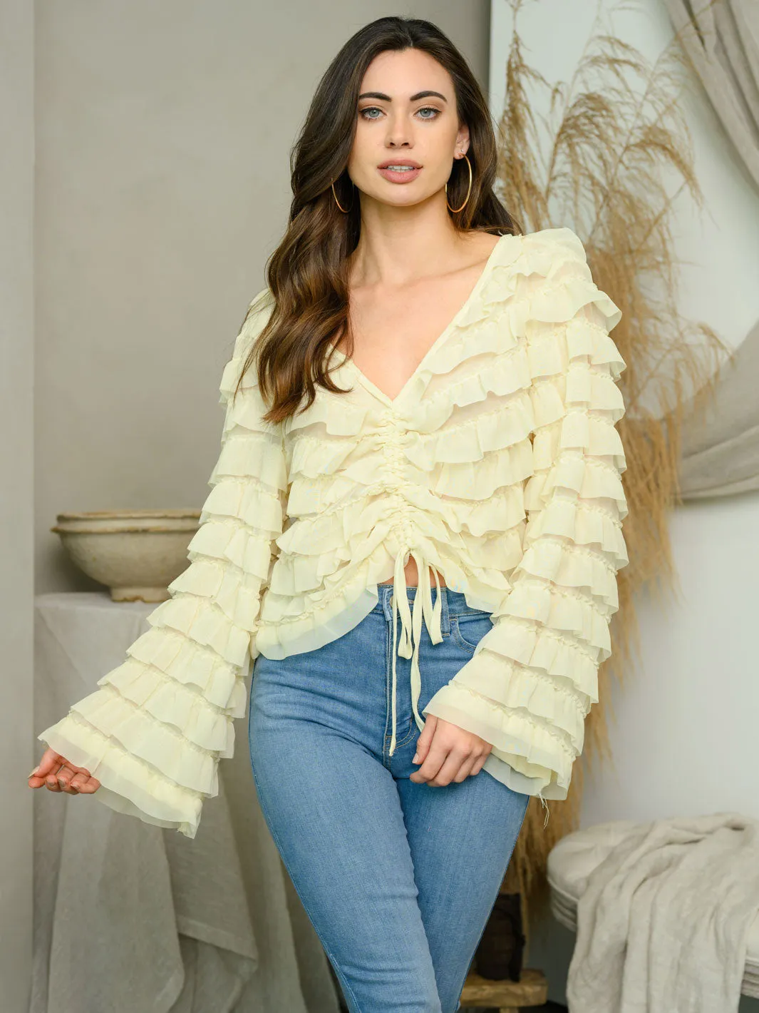 WOMEN'S LONG BELL SLEEVE RUCHED RUFFLE TOP