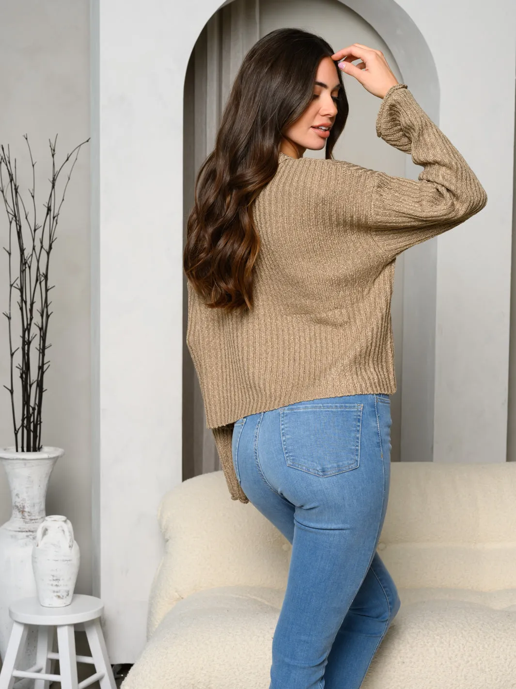 WOMEN'S LONG BELL SLEEVE SOLID RIBBED BUTTON UP TOP